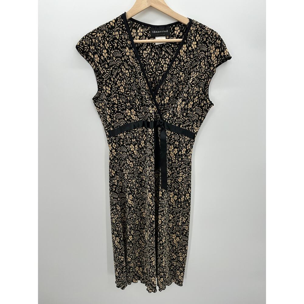 Connected Dress Women 12 Black Cream Floral Pleated Y2K‎ 90's Midi Stretch Cap